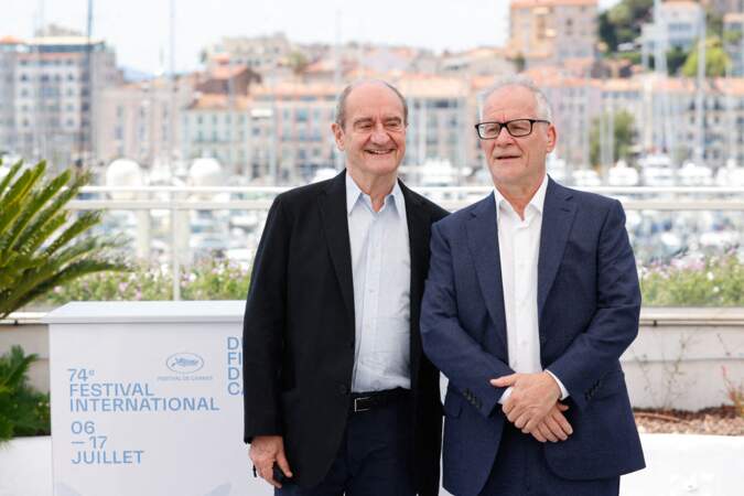 Pierre Lescure et Thierry Frémaux lors du 74ème Festival International du film de Cannes, le 6 juillet 2021.