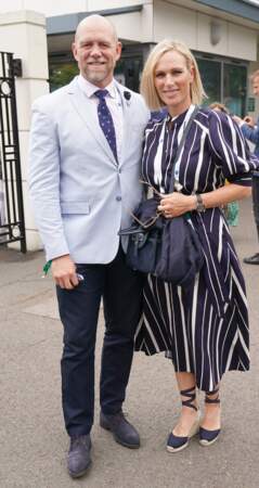 Zara Phillips et son mari Mike Tindall arrivent au tournoi de Wimbledon, au All England Lawn Tennis and Croquet Club, à Londres, le 7 juillet 2021