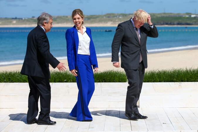 Carrie Symonds fait sensation au sommet du G7 aux côtés d'Antonio Guterres, le Secrétaire général des Nations Unies, et de son époux Boris Johnson, à Carbis Bay, le 12 juin 2021