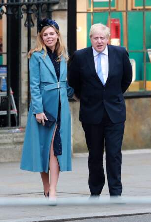 Carrie Symonds aux côtés de son mari Boris Johnson lors de la cérémonie du Commonwealth, à l'abbaye de Westminster de Londres, le 9 mars 2020
