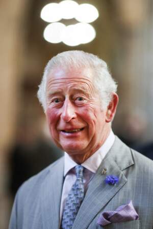 Pour cette visite, le prince Charles a misé sur un costume gris clair assorti à une cravate bleu ciel ornée de zèbres, lors de sa venue dans le Devon, le 19 juillet 2021