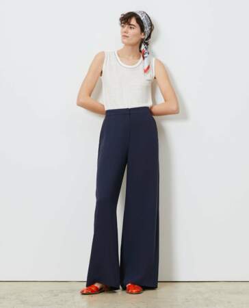 Pantalon large et taille haute bleu marine, 67,50€, Comptoir des Cotonniers