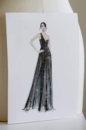 Un croquis de la robe imaginée par Dior par Maria-Grazia Chiuri pour Leïla Bekhti et sa styliste Leïla Boumedjane