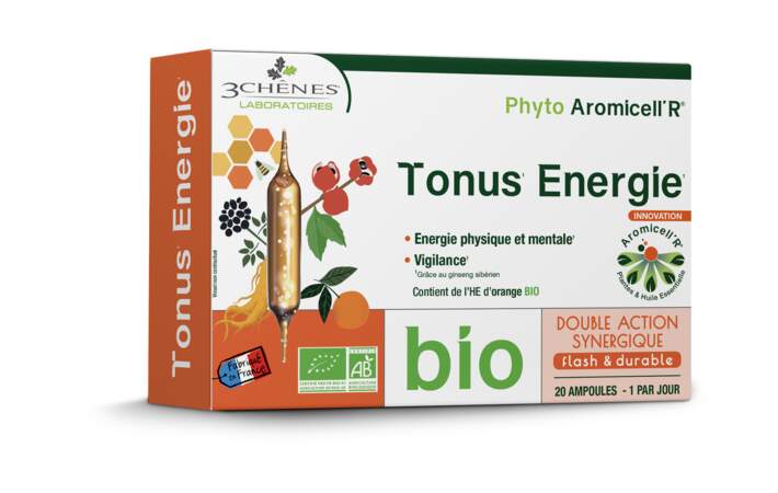 Phyto Aromicell’R® Tonus Energie (20 ampoules, 1 par jour); 3 Chênes Laboratoires; 16,90€ en pharmacies et parapharmacies