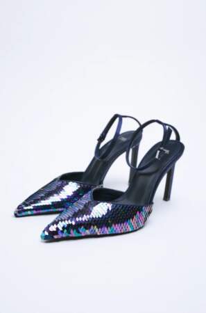 Chaussures à talons hauts à paillettes sur l'empeigne, Zara, 59,95€