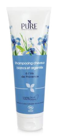 Shampooing Cheveux Blancs et Argentés bio à l'Iris de Provence, Pure, 14,40€ les 250ml en vente à domicile ou sur pure.bio ou 