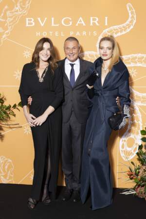 Carla Bruni, Jean-Christophe Babin, CEO de Bulgari, et Natalia Vodianova lors de la soirée d'inauguration du Bulgari Hotel Paris à Paris