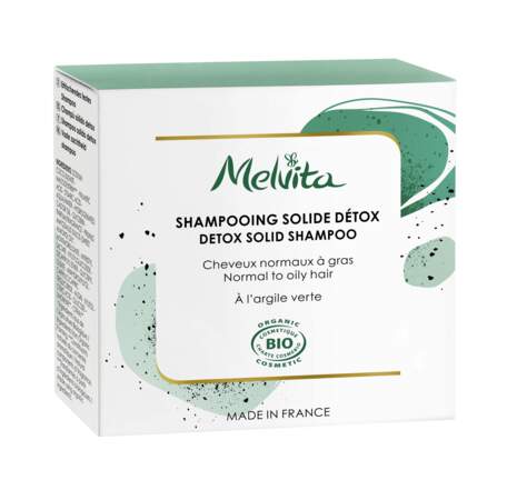 Shampoing solide detox bio et vegan sans silicone, Melvita, 9,90€ les 55g sur melvita.com