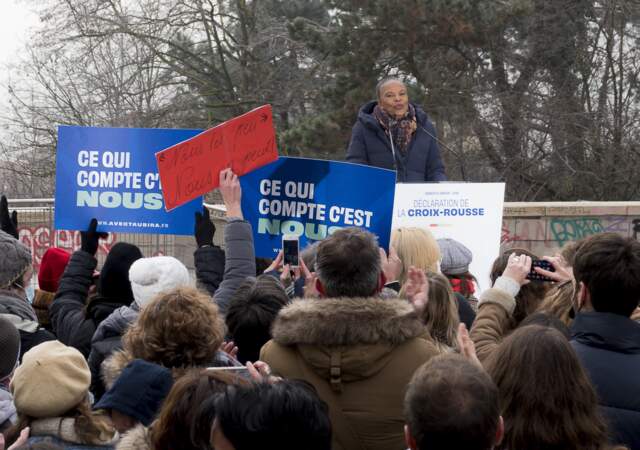 L'ancienne garde des Sceaux, Christiane Taubira a officialisé sa candidature à la présidentielle, lors d'un meeting dans le quartier de la Croix-Rousse, à Lyon, le samedi 15 janvier 2022.