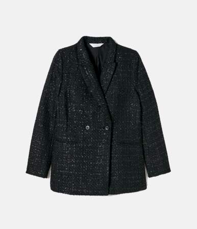 Veste blazer tweed fils brillants en matières recyclées, Camaïeu, 59,99€
