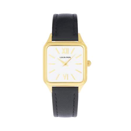 Montre Sienna 27mm boîtier carré doré, cadran blanc et bracelet en cuir noir, Louis Pion, 79€