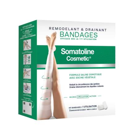 Bandages remodelants & drainants, kit 1ère utilisation, Somatoline, 24,90€. Kit recharges 3 utilisations : 39,90€***