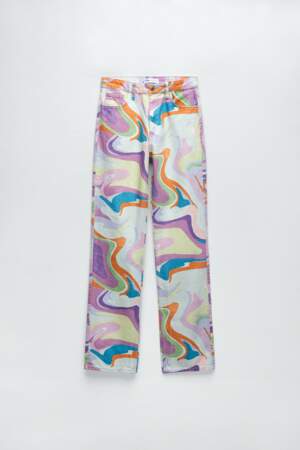 Jeans straight imprimé rigide taille haute à cinq poches, Zara, 39,95€