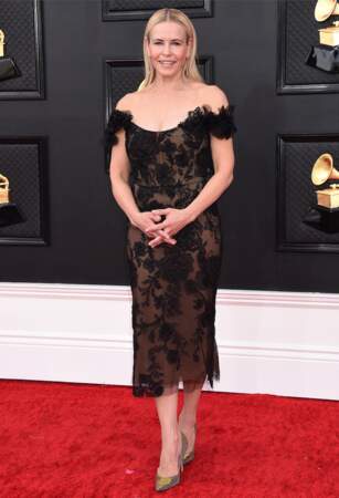 Chelsea Handler opte pour une robe de couleur chair à dentelle noire à la 64ème édition des Grammy Awards. Las Vegas le 3 avril 2022.