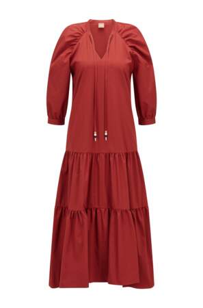 Robe longue en coton mélangé avec jupe à volants, BOSS Femme, 349€