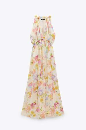 Robe longue à décolleté prononcé sans manches imprimé floral, Zara, 55,95€