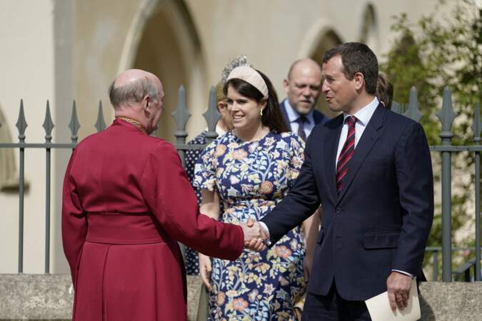 La princesse Eugenie d'York et Peter Philips après la messe de Pâques, le 17 avril 2022 à la chapelle Saint-Georges de Windsor.