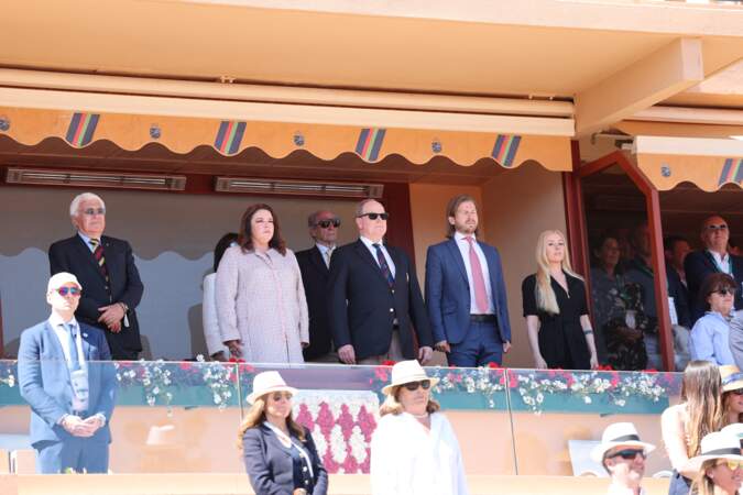 Nicola Pietrangeli, Mélanie de Massy, le prince Albert II de Monaco, Georg Festetics et Violetta Kwiatkowsk lors de la finale du tournoi Masters 1000 de Monte-Carlo à Roquebrune-Cap-Martin, le 17 avril 2022