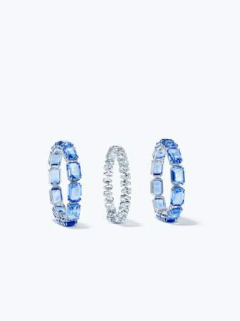 Bracelet Millenia, taille poire, blanc, métal rhodié et bracelet Millenia, taille octogonale, Bleu, Métal rhodié, Swarovski, 280€ l'unité