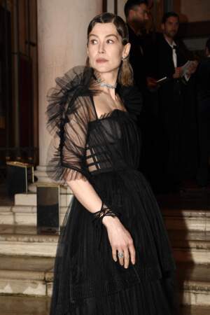 Rosamund Pike ou l'interprétation du fameux cygne noir dans une robe corset en tulle lors du dîner de gala organisé par Dior pour célébrer l'ouverture de la 59e Biennale d'art à Venise, le samedi 23 avril. 