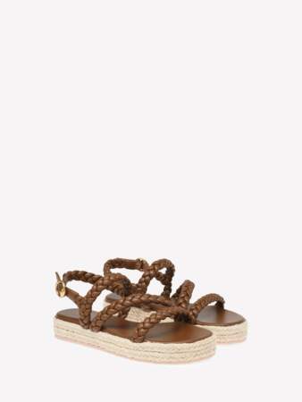 Sandales plateforme Playa lanières intriquées en cuir nappa tressé et des semelles compensées en corde naturelle, Gianvito Rossi, 750€
