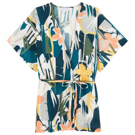 Kimono en voile de coton  à manches courtes couleur vert imprimé tropical, Laurence Tavernier, 99€