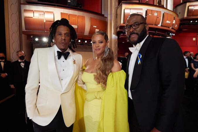 Jay-Z, Beyoncé et Tyler Perry à la 94ème édition de la cérémonie des Oscars à Los Angeles, le 27 mars 2022.