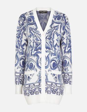 Cardigan en soie jacquard à motif majoliques, Dolce & Gabbana, 1 450€