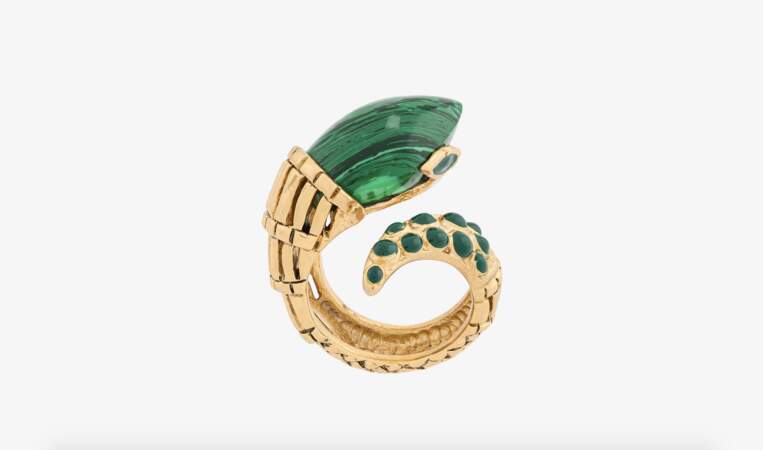 Bague serpent ornée de pierres vertes marbrées, Roberto Cavalli, 270€ 