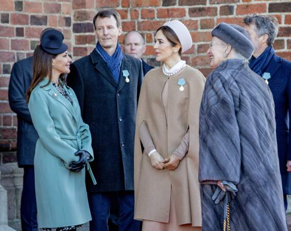 La reine Margrethe II de Danemark, le prince Frederik et la princesse Mary de Danemark, la princesse Marie et le prince Joachim de Danemark dans le cadre des célébrations du 50ème jubilé de la reine danoise à Roskilde, au Danemark, le 14 janvier 2022.
