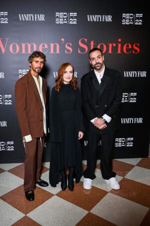 Simone Marchetti, Isabelle Huppert, Mohammed Al Turki au photocall de la soirée Vanity Fair depuis la Mostra de Venise, ce samedi 3 septembre.