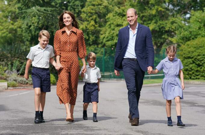 George, Charlotte et Louis le jour de leur rentrée à l'école Lambrook le 7 septembre 2022.