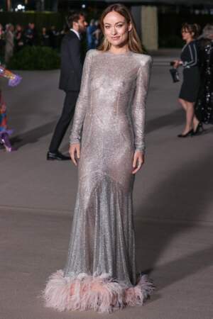 Olivia Wilde, l'actrice américaine avec une robe métallisée et transparente Alexandre Vauthier à la deuxième édition de l’Annual Academy Museum Gala à Los Angeles, le 15 octobre 2022.