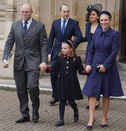 Mike Tindall, Mia Tindall et Zara Phillips lors du service d'action de grâce en hommage au prince Philip, duc d’Edimbourg, à l'abbaye de Westminster à Londres, Royaume Uni, le 29 mars 2022. 