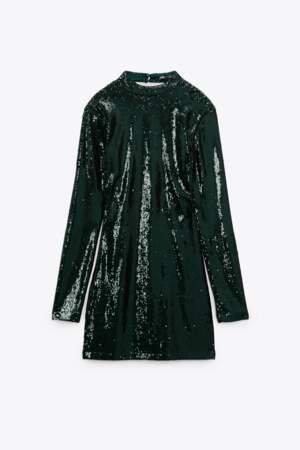 Robe courte à col rond et manches longues à sequins, Zara, 59,95€