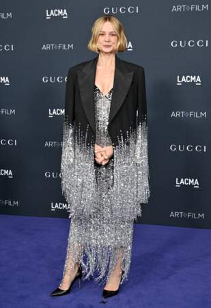 Carey Mulligan, l'actrice britannique et sa robe à laquelle elle ajoute un blazer à paillettes à la soirée "Lacma Art" à Los Angeles, le 5 novembre 2022