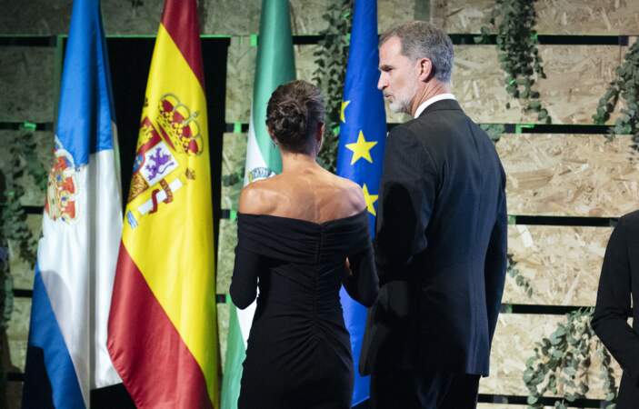 Le roi Felipe VI et la reine Letizia d'Espagne de dos lors de la cérémonie des Macael Awards le 11 novembre 2022 au bâtiment multifonctionnel de Macael 