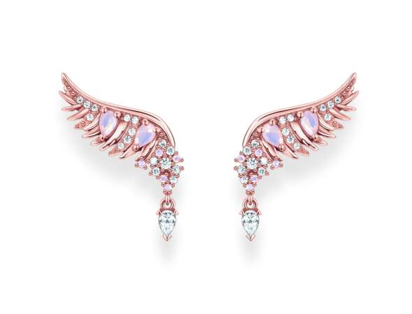 Boucles d’oreilles ailes de phoenix en argent massif plaqué or rose 18 carats serties d’oxyde de zirconium blanc, Thomas Sabo, 198 €