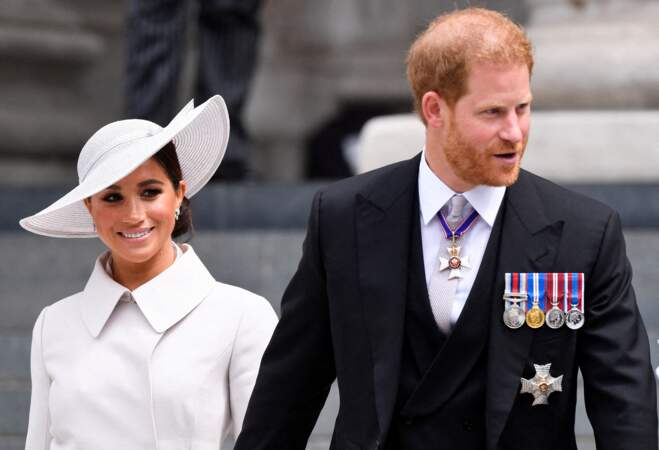 Meghan Markle et le prince Harry présents lors de la messe du jubilé, célébrée en la cathédrale Saint-Paul de Londres le 3 juin 2022.