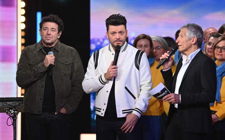 Patrick Bruel, Nagui et Kev Adams sur le plateau de la 36ème édition du Téléthon, diffusée sur France Télévisions.