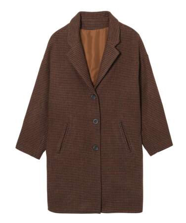 Manteau femme en drap de laine motif pied-de-poule orange, Gemo, 59,99€