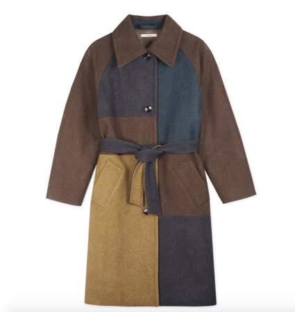 Manteau Anthenor en patchwork de draps de laine colorés, tissé en Italie, Sessùn, 445€