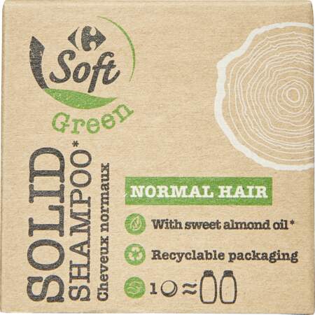 Shampoing Solide cheveux normaux à l'huile d'amande douce, carrefour Soft Green, 2,99€ les 75g chez Carrefour et sur carrefour.fr