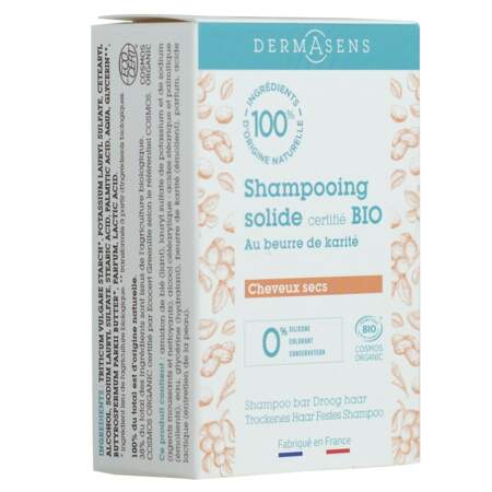 Shampooing solide pour
cheveux secs au beurre de
karité, Dermasens, à partir de 6,20€ les 60g sur dermasens.fr