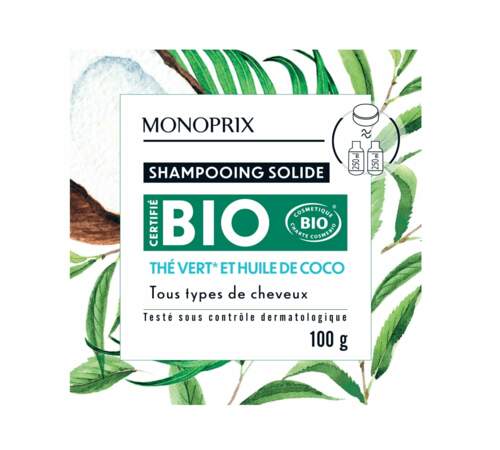 shampoing solide bio au thé vert et huile de coco, Monoprix, 4,99€ les 100g chez Monoprix