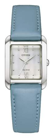 Montre Citizen Ladies, acier et bracelet en cuir
bleu, mouvement Eco-Drive, Citizen, 259€