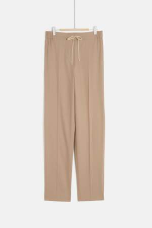 Pantalon beige taille élastique en coton mélangé, Caroll, 95€