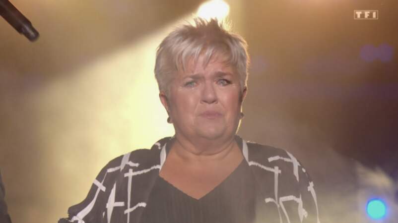 Mimie Mathy en larmes lors du concert des Enfoirés diffusé sur TF1, le 3 mars 2023