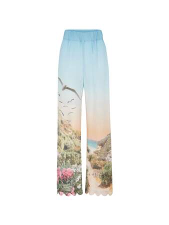 Pantalon Kea ample taille haute bas pétale crêpe de soie imprimé Grand Corsica, Fête Impériale, 315€