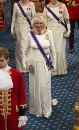 Camilla Parker Bowles et sa tiare  Greville à l'ouverture du parlement au palais de Westminster, le 4 juin 2014